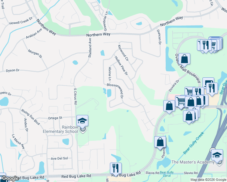 map of restaurants, bars, coffee shops, grocery stores, and more near 1092 Needlewood Loop in Oviedo