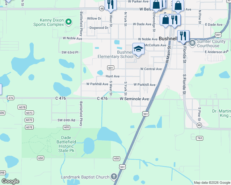 map of restaurants, bars, coffee shops, grocery stores, and more near 205 South West Street in Bushnell