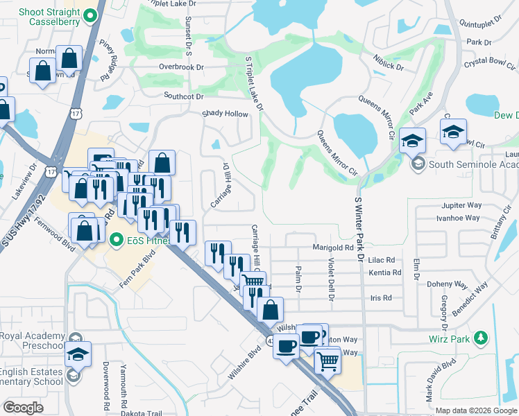 map of restaurants, bars, coffee shops, grocery stores, and more near 31 Apple Hill Hollow in Casselberry