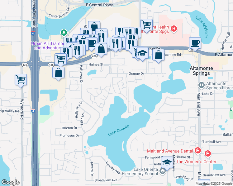 map of restaurants, bars, coffee shops, grocery stores, and more near 291 Altamonte Bay Club Circle in Altamonte Springs