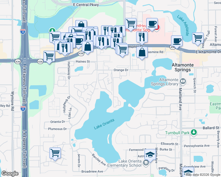 map of restaurants, bars, coffee shops, grocery stores, and more near 276 Orienta Point Street in Altamonte Springs