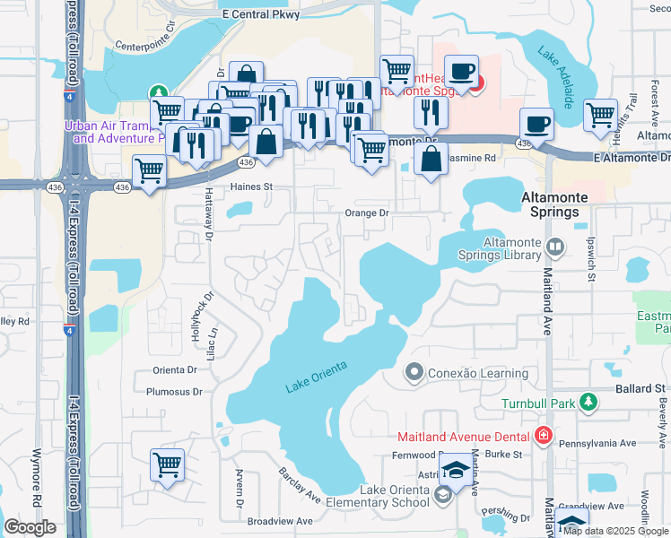 map of restaurants, bars, coffee shops, grocery stores, and more near 276 Orienta Point Street in Altamonte Springs
