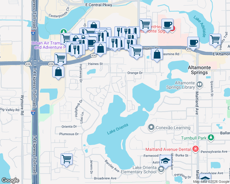 map of restaurants, bars, coffee shops, grocery stores, and more near 291 Altamonte Bay Club Circle in Altamonte Springs