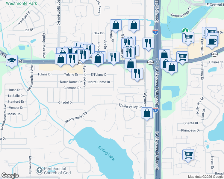 map of restaurants, bars, coffee shops, grocery stores, and more near 421 Trinity Avenue in Altamonte Springs