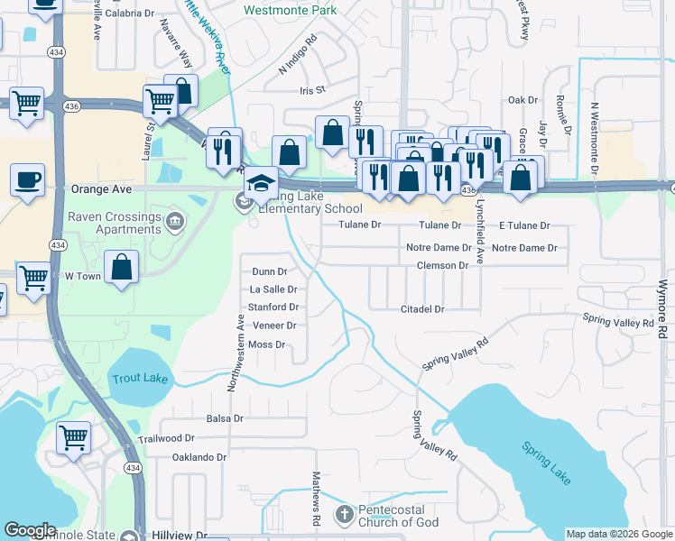 map of restaurants, bars, coffee shops, grocery stores, and more near 594 Clemson Drive in Altamonte Springs