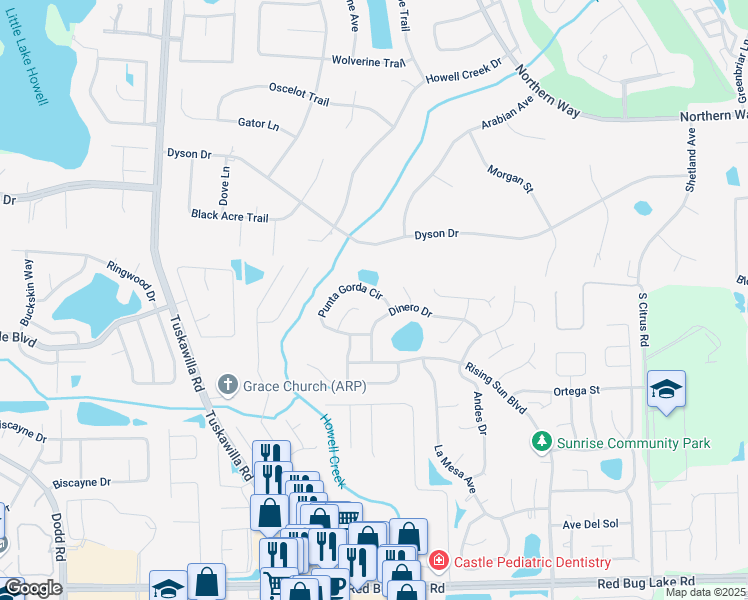 map of restaurants, bars, coffee shops, grocery stores, and more near 1213 Punta Gorda Circle in Winter Springs