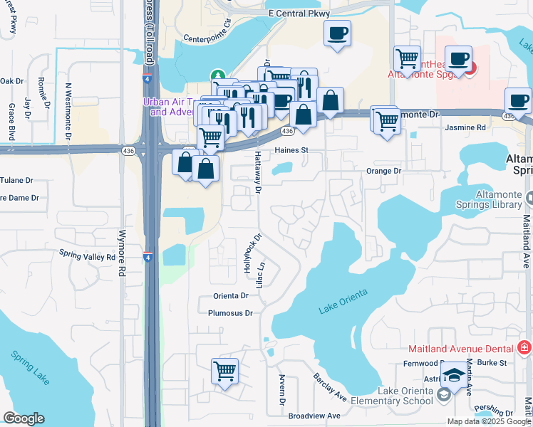map of restaurants, bars, coffee shops, grocery stores, and more near 485 Forestway Circle in Altamonte Springs