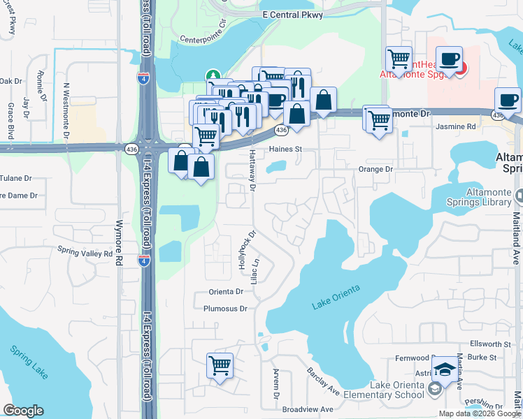 map of restaurants, bars, coffee shops, grocery stores, and more near 325 Forestway Circle in Altamonte Springs