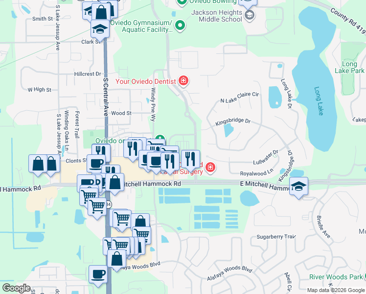 map of restaurants, bars, coffee shops, grocery stores, and more near 370 Center Lake Lane in Oviedo