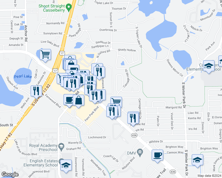 map of restaurants, bars, coffee shops, grocery stores, and more near 10 Bayberry Branch in Casselberry