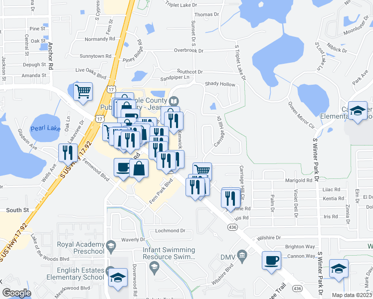 map of restaurants, bars, coffee shops, grocery stores, and more near 616 Kenwick Circle in Casselberry