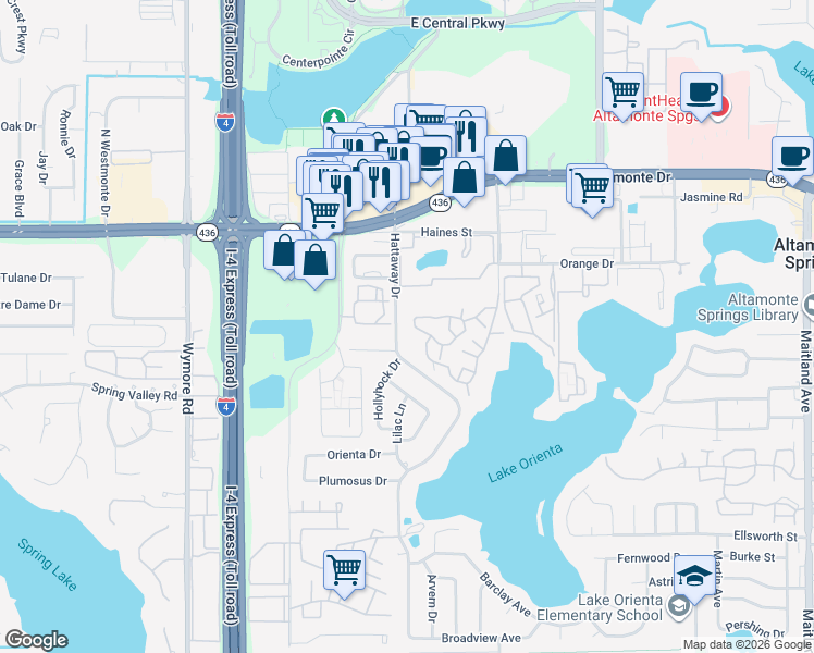 map of restaurants, bars, coffee shops, grocery stores, and more near 340 Forestway Circle in Altamonte Springs