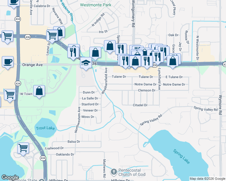 map of restaurants, bars, coffee shops, grocery stores, and more near 356 Clemson Drive in Altamonte Springs
