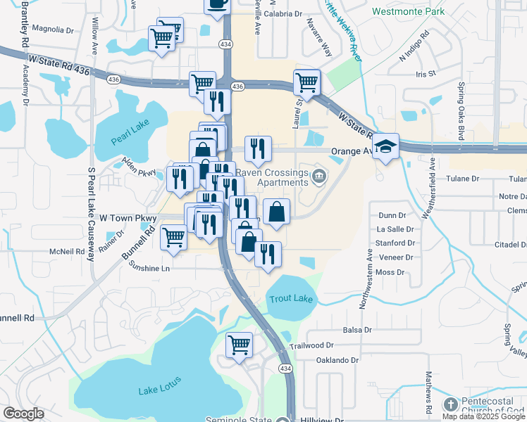 map of restaurants, bars, coffee shops, grocery stores, and more near 823 Camargo Way in Altamonte Springs
