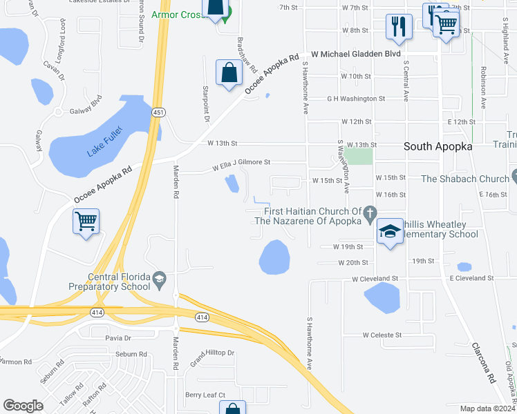 map of restaurants, bars, coffee shops, grocery stores, and more near 433 West 17th Street in Apopka