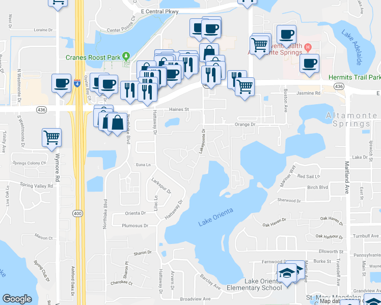 map of restaurants, bars, coffee shops, grocery stores, and more near 365 Forestway Circle in Altamonte Springs