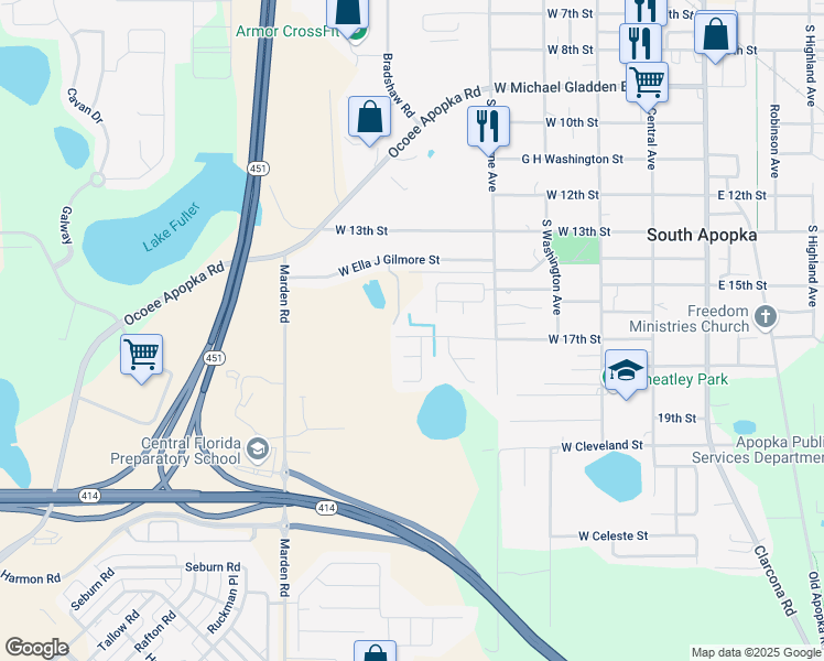 map of restaurants, bars, coffee shops, grocery stores, and more near 1318 Mark Court in Apopka
