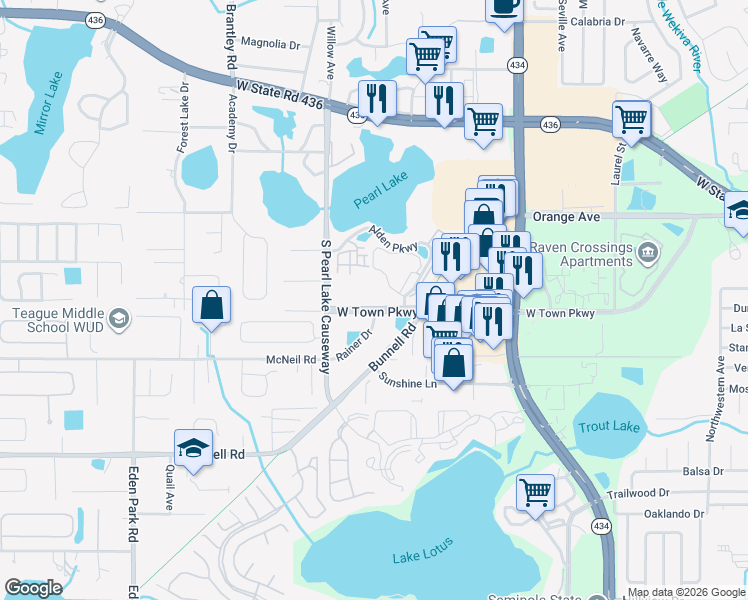 map of restaurants, bars, coffee shops, grocery stores, and more near 1099 West Town Parkway in Altamonte Springs