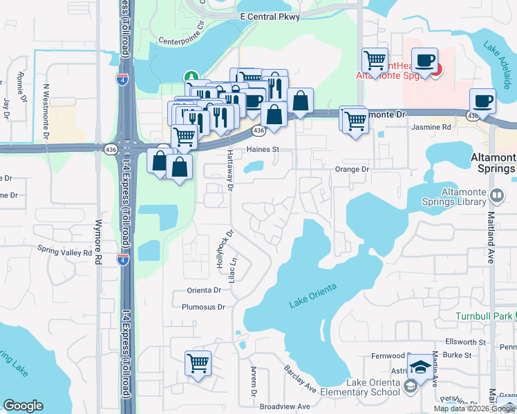 map of restaurants, bars, coffee shops, grocery stores, and more near 340 Forestway Circle in Altamonte Springs