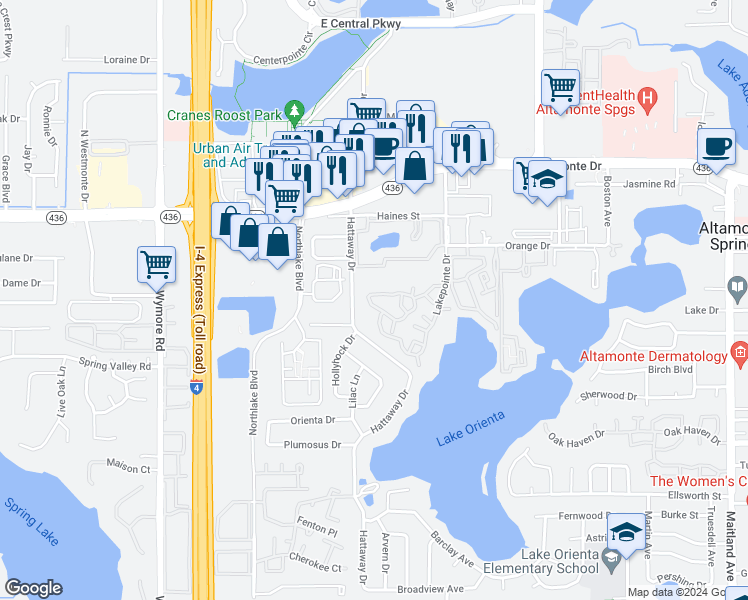 map of restaurants, bars, coffee shops, grocery stores, and more near 340 Forestway Circle in Altamonte Springs