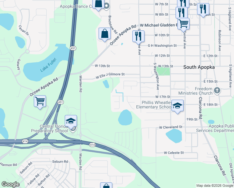 map of restaurants, bars, coffee shops, grocery stores, and more near 1318 Mark Court in Apopka