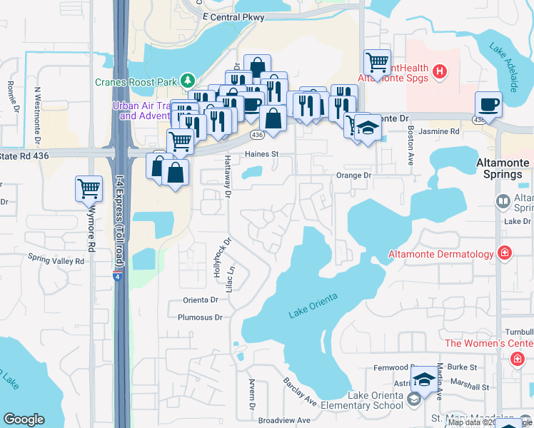 map of restaurants, bars, coffee shops, grocery stores, and more near 351 Lone Hill Drive in Altamonte Springs