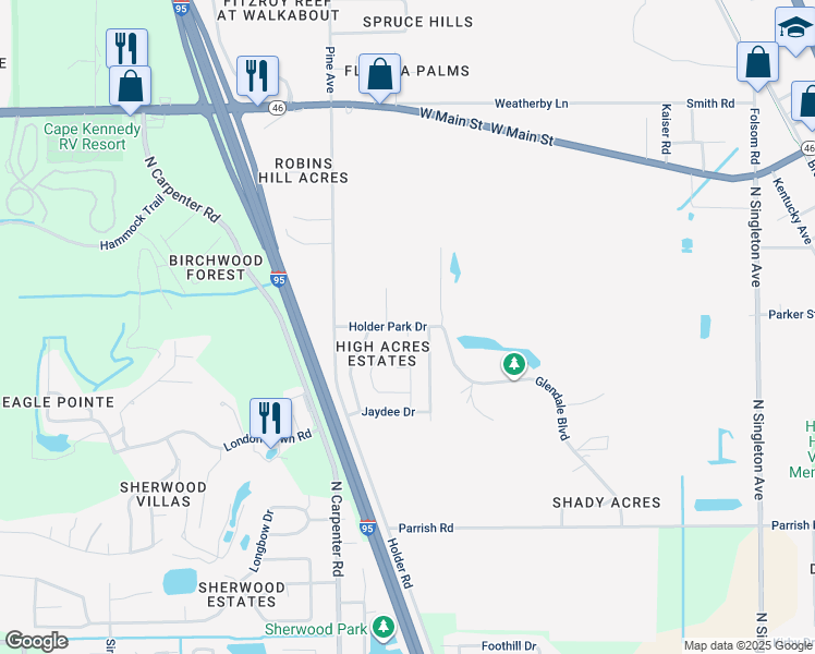 map of restaurants, bars, coffee shops, grocery stores, and more near 2399 Welch Court in Mims