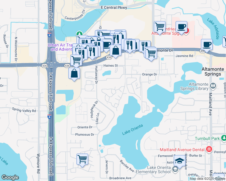map of restaurants, bars, coffee shops, grocery stores, and more near 365 Forestway Circle in Altamonte Springs
