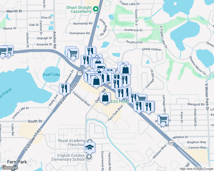 map of restaurants, bars, coffee shops, grocery stores, and more near Semoran Blvd & Oxford Rd in Casselberry