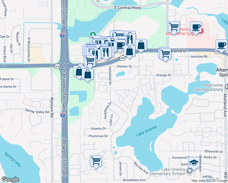 map of restaurants, bars, coffee shops, grocery stores, and more near 485 Forestway Circle in Altamonte Springs