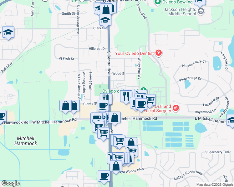 map of restaurants, bars, coffee shops, grocery stores, and more near Taramundi Drive in Oviedo