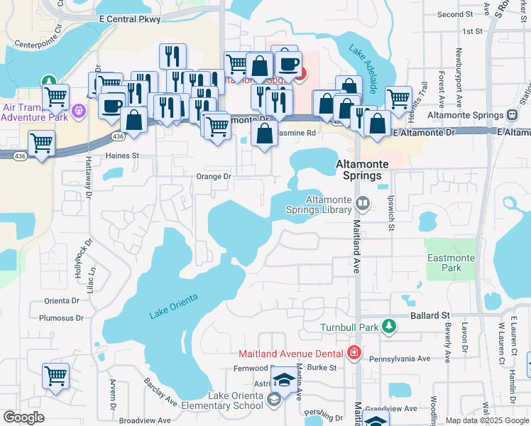 map of restaurants, bars, coffee shops, grocery stores, and more near 614 Orange Drive in Altamonte Springs