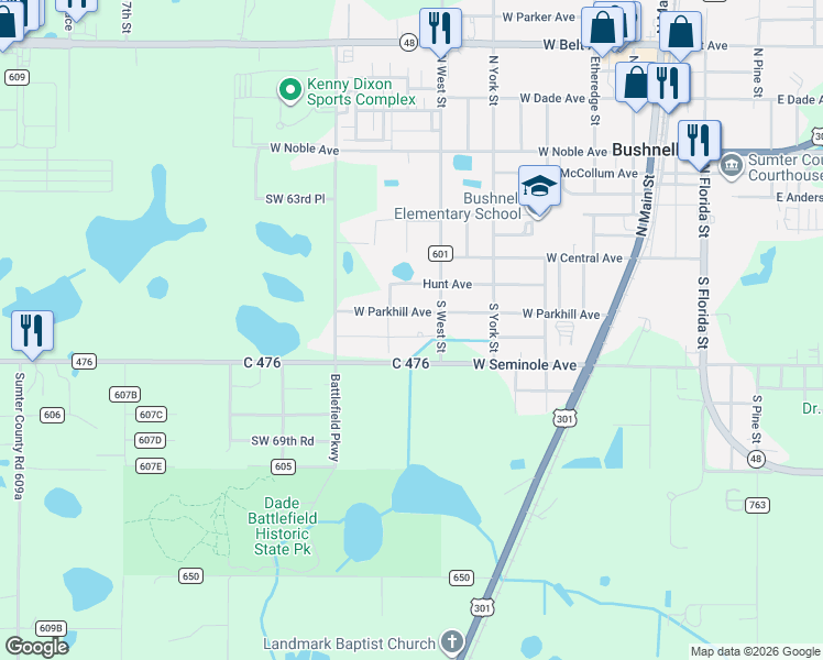 map of restaurants, bars, coffee shops, grocery stores, and more near 1060 Southwest 66th Place in Bushnell