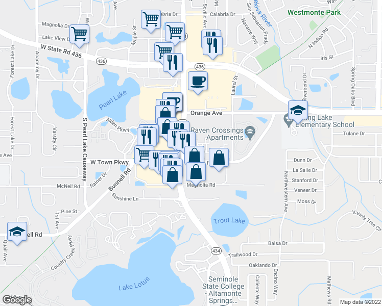 map of restaurants, bars, coffee shops, grocery stores, and more near 897 West Town Parkway in Altamonte Springs