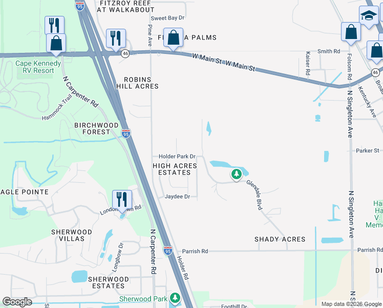map of restaurants, bars, coffee shops, grocery stores, and more near 4028 Holder Park Drive in Mims