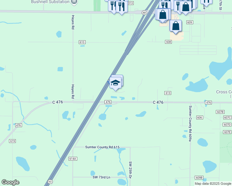 map of restaurants, bars, coffee shops, grocery stores, and more near 2680 West County Road 476 in Bushnell