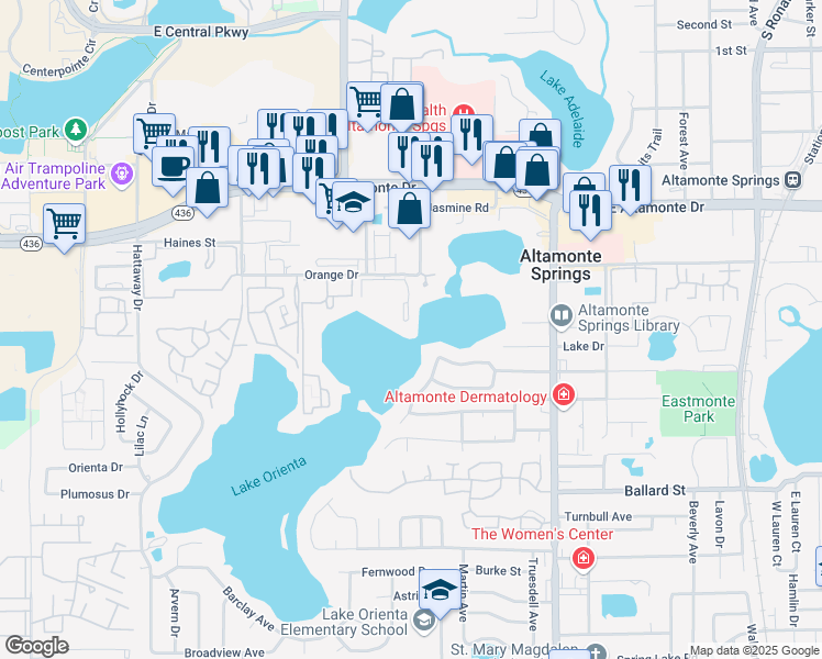 map of restaurants, bars, coffee shops, grocery stores, and more near 614 Orange Drive in Altamonte Springs