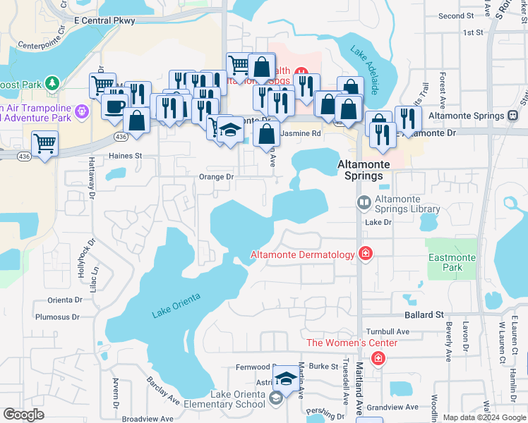 map of restaurants, bars, coffee shops, grocery stores, and more near 614 Orange Drive in Altamonte Springs