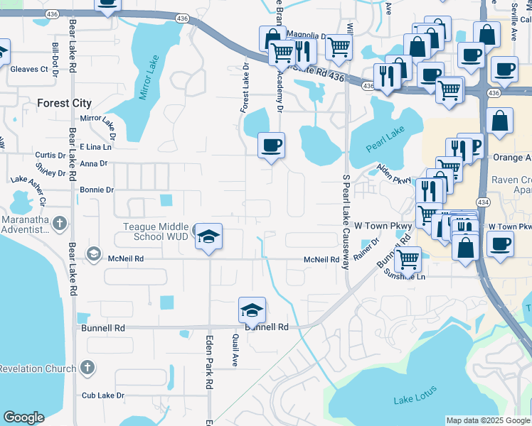 map of restaurants, bars, coffee shops, grocery stores, and more near 1221 Forest Circle in Altamonte Springs