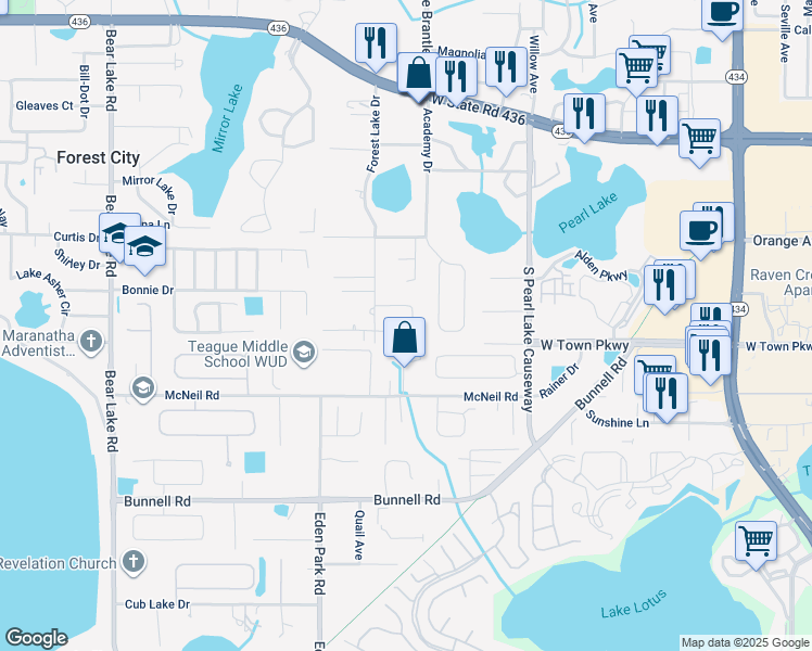 map of restaurants, bars, coffee shops, grocery stores, and more near 1221 Forest Circle in Altamonte Springs