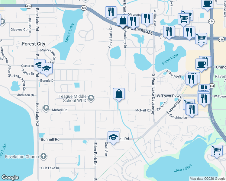 map of restaurants, bars, coffee shops, grocery stores, and more near 2600 Grove Avenue in Altamonte Springs