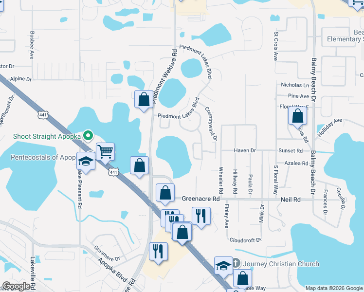 map of restaurants, bars, coffee shops, grocery stores, and more near 1167 Piedmont Wekiwa Road in Apopka