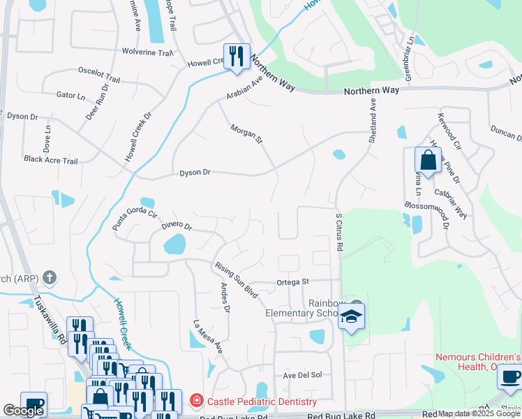map of restaurants, bars, coffee shops, grocery stores, and more near 1187 Andes Drive in Winter Springs