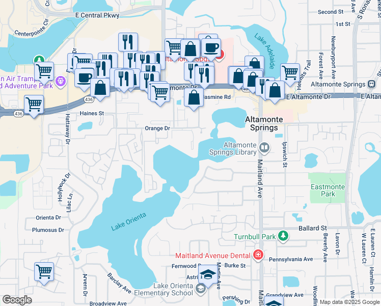 map of restaurants, bars, coffee shops, grocery stores, and more near 614 Orange Drive in Altamonte Springs