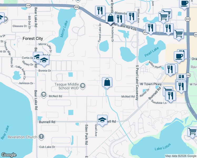map of restaurants, bars, coffee shops, grocery stores, and more near 2600 Grove Avenue in Altamonte Springs