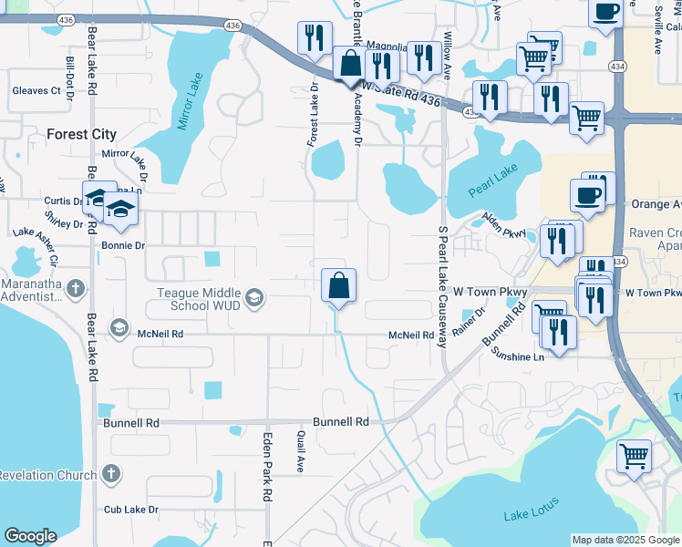 map of restaurants, bars, coffee shops, grocery stores, and more near 1221 Forest Circle in Altamonte Springs