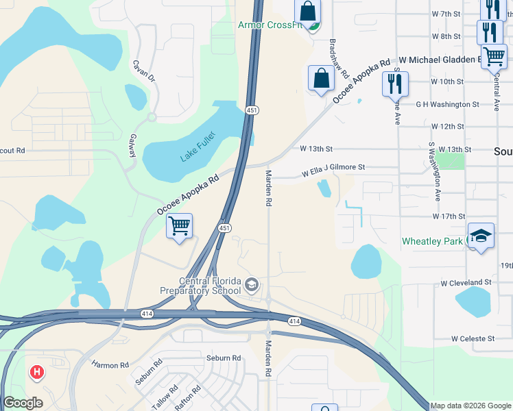 map of restaurants, bars, coffee shops, grocery stores, and more near 1438 Marden Road in Apopka