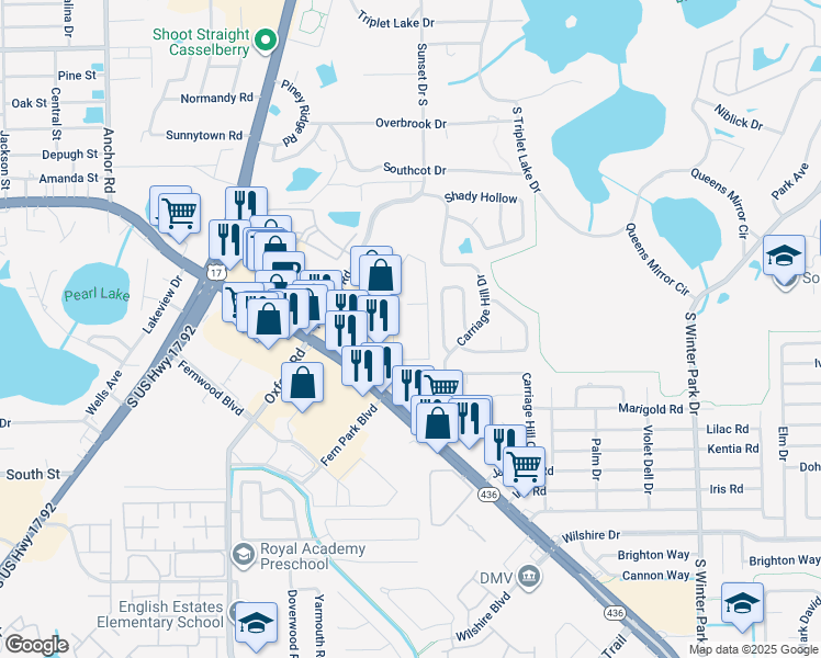map of restaurants, bars, coffee shops, grocery stores, and more near 618 Kenwick Circle in Casselberry