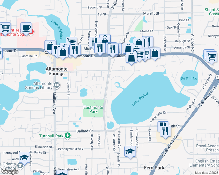 map of restaurants, bars, coffee shops, grocery stores, and more near 872 Darwin Drive in Altamonte Springs