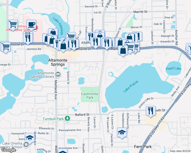 map of restaurants, bars, coffee shops, grocery stores, and more near 854 Diane Drive in Altamonte Springs